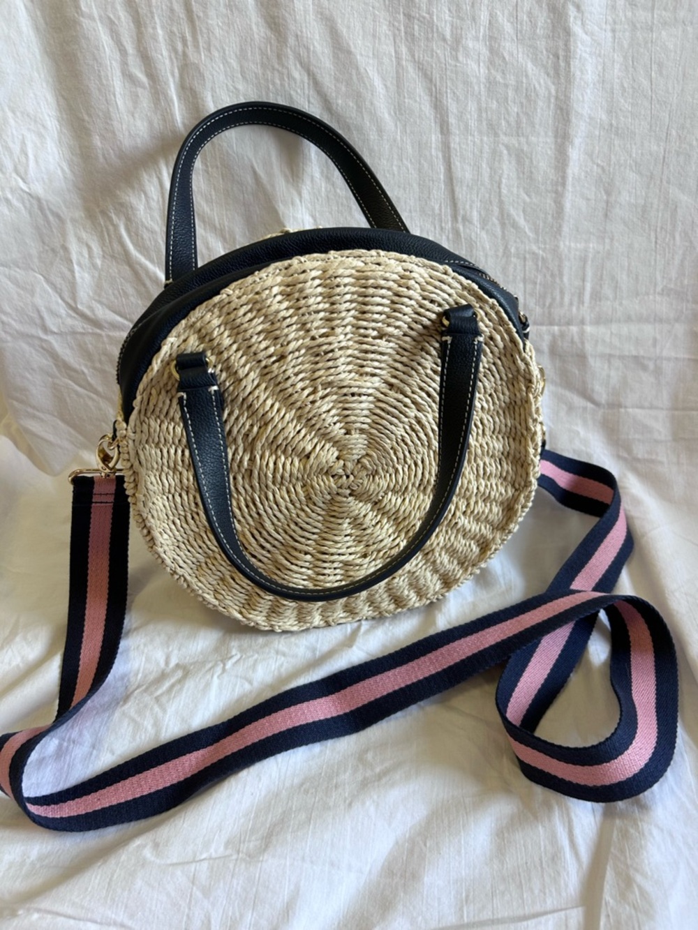Talbots Round Straw Crossbody with Black Trim and Navy-Pink Strap